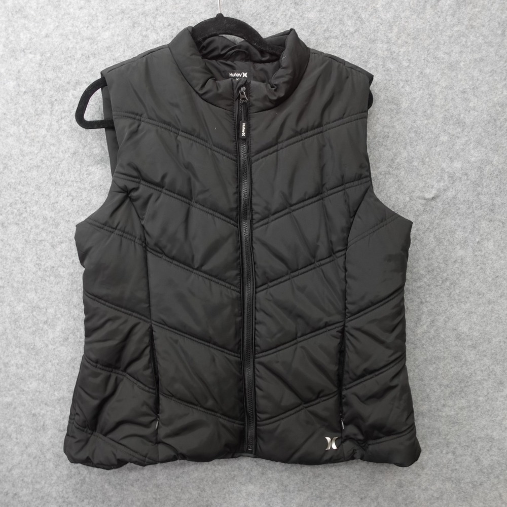 Black Puffer Vest Womens L XL Padded HURLEY Logo Chevron Quilted Full Zip Gorp